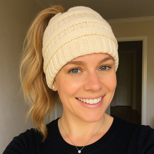 Ponytail Beanie Cap – Stretchy, Stylish & Warm (Ivory)